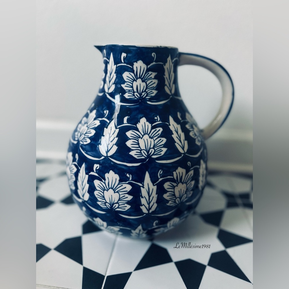 Vintage Blue & White Floral Water Pitcher – Hand Painted | Cottage Style Decor